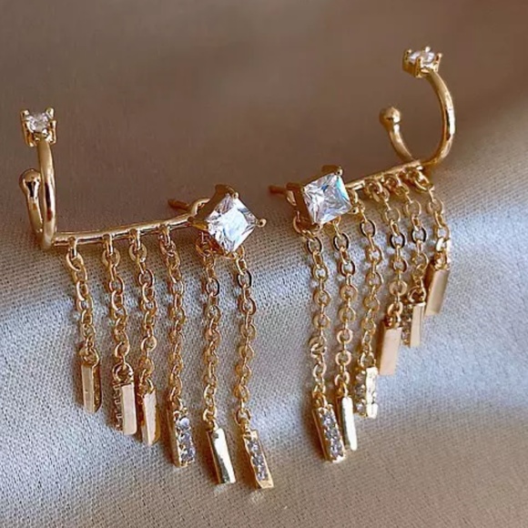 New Gold Fringe Asymmetrical Fringe Drop Earrings - Picture 2 of 3